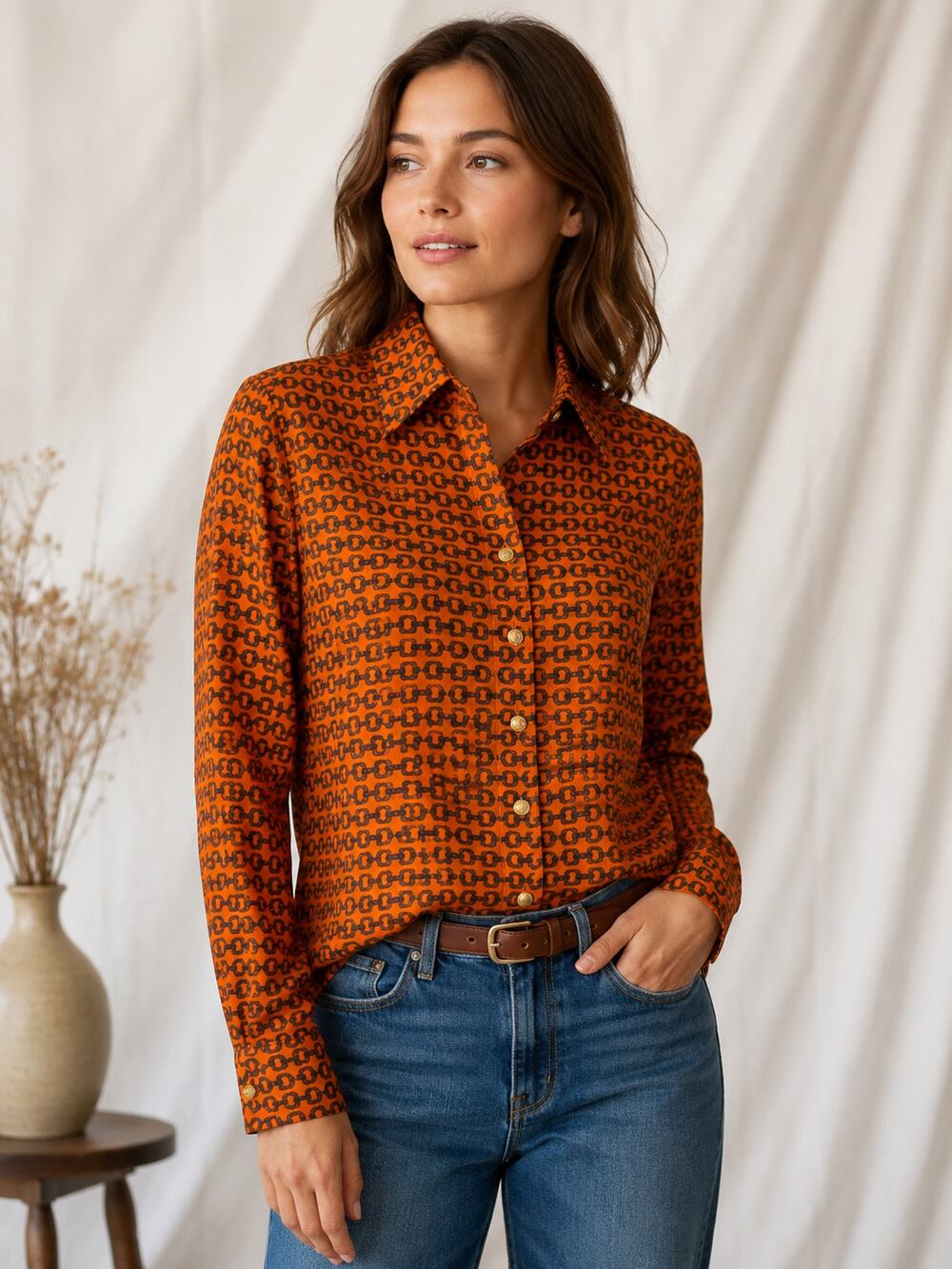Skirtin Around Women's Size 12 Orange Bit Print 100% Silk Button Front Blouse